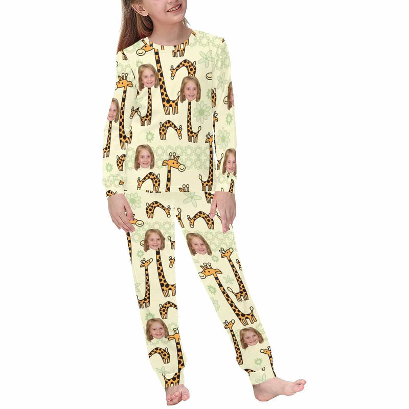 FacePajamas Pajama Custom Photo Cartoon Pajama Sleepwear Sets Giraffe light Yellow Personalized Kids Long Sleeve Pajamas Set
