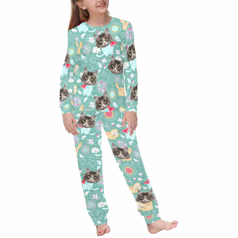 FacePajamas Pajama Custom Photo Cartoon Pajamas Cat light Green Sleepwear Personalized Kids Long Sleeve Pajama Set