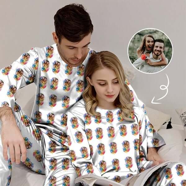FacePajamas Pajama Custom Photo Colorful Valentine's Day Sleepwear Personalized Slumber Party Couple Matching Pajamas