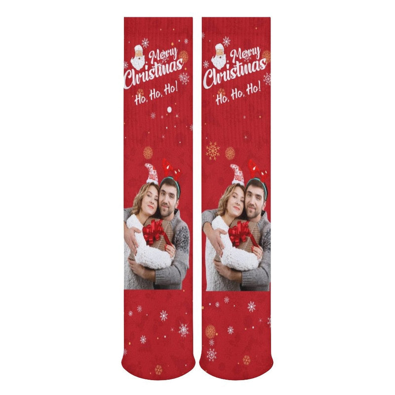 FacePajamas Sublimated Crew Socks-2WH-SDS Custom Photo Couple Red Background Sublimated Crew Socks Personalized Funny Photo Socks Gift for Christmas