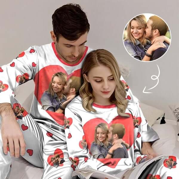 FacePajamas Pajama Custom Photo Love Heart Couple Matching Pajamas Personalized Women Men Long Sleeve Pajamas Photo Gifts