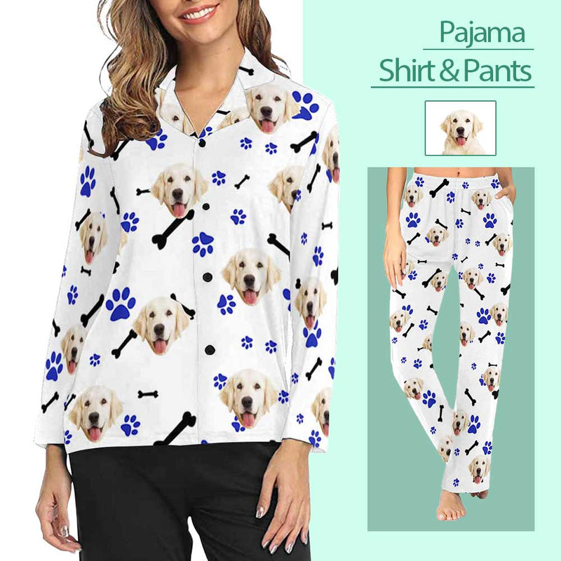 FacePajamas Pajama Custom Photo My Pet Dog Sleepwear Personalized Women's Slumber Party Long Pajama Shirt&Pants