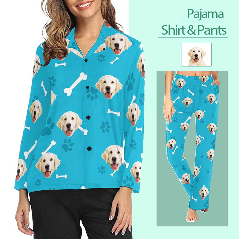 FacePajamas Pajama Custom Photo My Pet Dog Sleepwear Personalized Women's Slumber Party Long Pajama Shirt&Pants