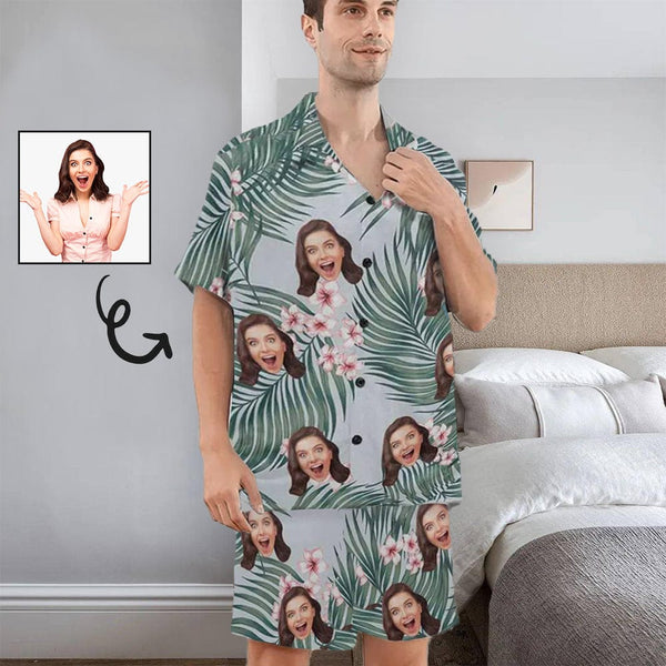 FacePajamas Pajama Custom Photo Pajamas Flower&Leaves Summer Loungewear Personalized Men's V-Neck Short Sleeve Pajama Set