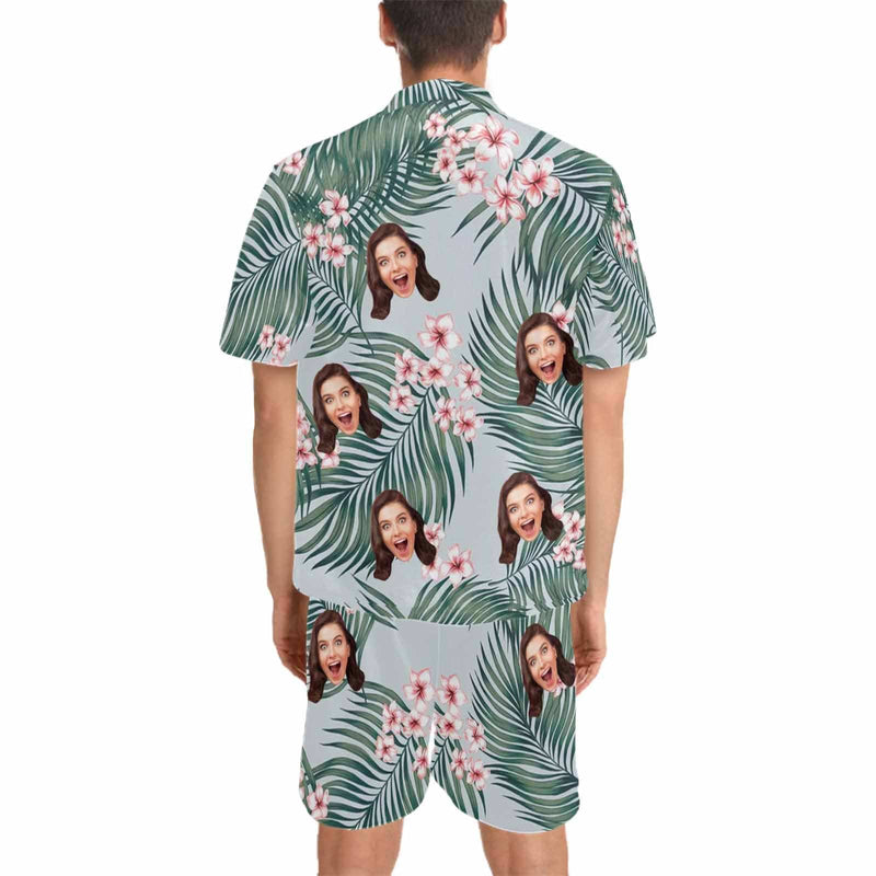 FacePajamas Pajama Custom Photo Pajamas Flower&Leaves Summer Loungewear Personalized Men's V-Neck Short Sleeve Pajama Set