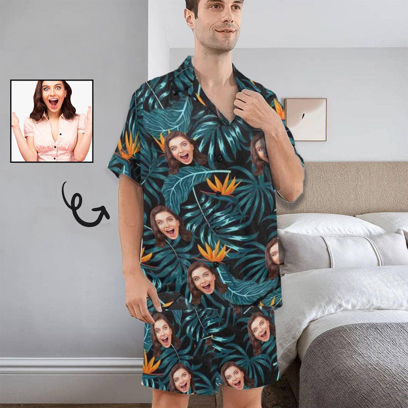FacePajamas Pajama Custom Photo Pajamas Palm Leaves Summer Loungewear Personalized Men's V-Neck Short Sleeve Pajama Set