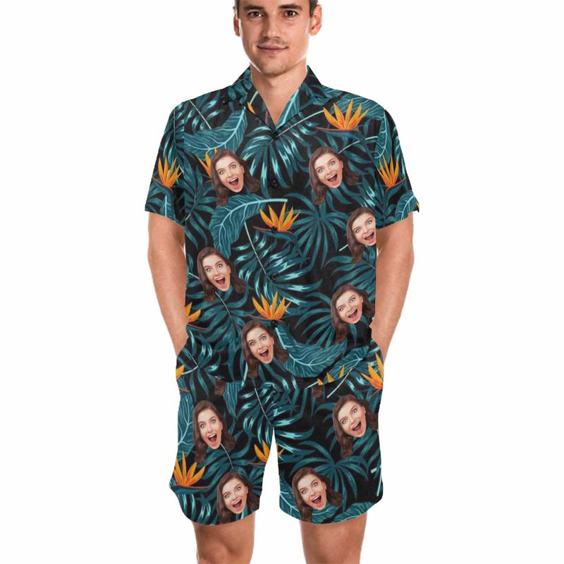 FacePajamas Pajama Custom Photo Pajamas Palm Leaves Summer Loungewear Personalized Men's V-Neck Short Sleeve Pajama Set