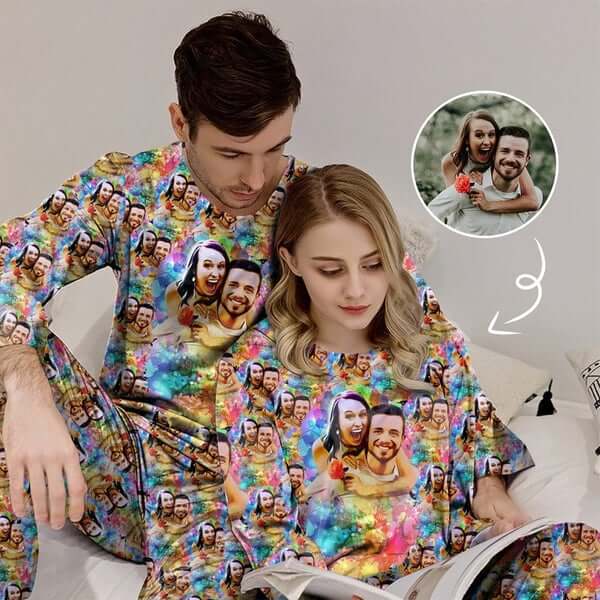 FacePajamas Pajama Custom Photo Watercolor Painting Sleepwear Personalized Slumber Party Couple Matching Pajamas