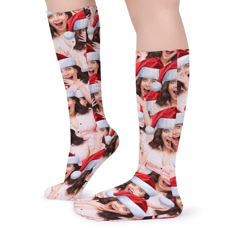 FacePajamas Sublimated Crew Socks-2WH-SDS Custom Seamless Face Red Hat Sublimated Crew Socks Personalized Funny Photo Socks Gift for Christmas