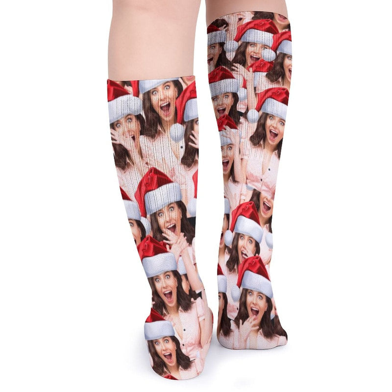 FacePajamas Sublimated Crew Socks-2WH-SDS Custom Seamless Face Red Hat Sublimated Crew Socks Personalized Funny Photo Socks Gift for Christmas