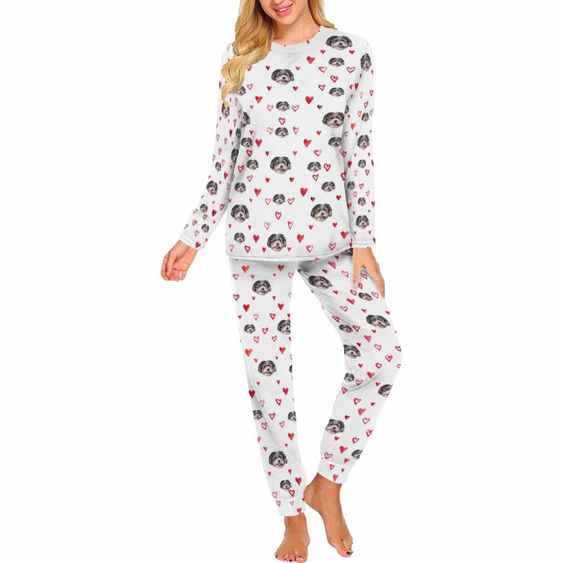 FacePajamas Custom Women's Red Heart Long Crew Neck Pajama Set Valentine's Day with My Special Sweetheart