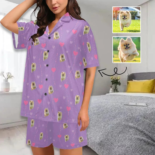 FacePajamas Pet Pajama Custom Women's Short V-Neck Purple Pajama Set Valentine's Day with My Special Sweetheart