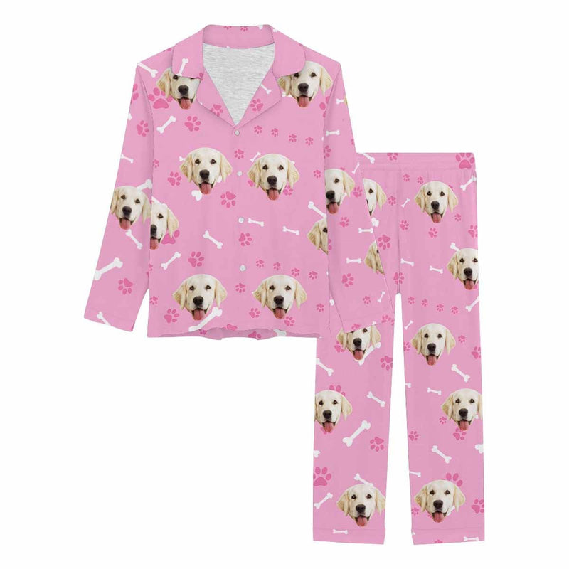 FacePajamas Pajama Dog / Pink / XS Custom Face Pajamas My Pet Dog Paw and Bone Sleepwear Personalized Women's Long Pajama Set
