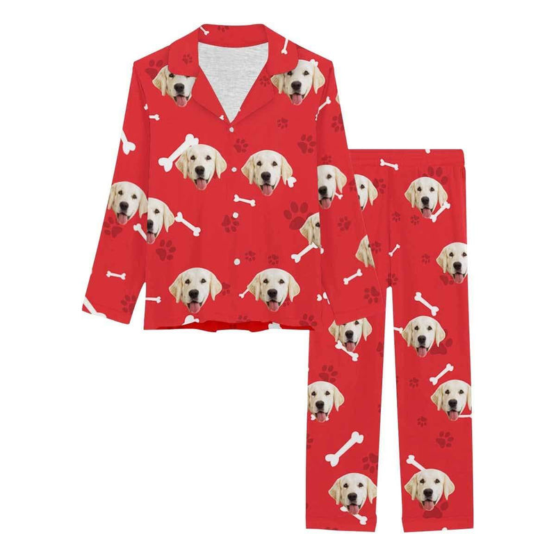 FacePajamas Pajama Dog / Red / XS Custom Photo Cat Paw and Fish Bone Sleepwear Personalized Women's Slumber Party Long Pajama Set