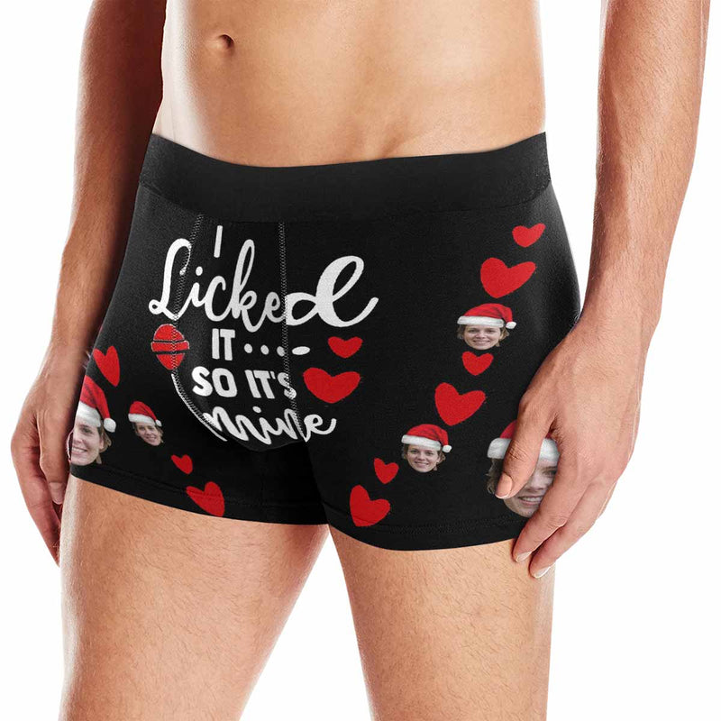 FacePajamas Underwear Face with Santa Hat / Black / XS [Made In USA] Custom Men's Boxer Briefs with Girlfriend Face I Licked It Red Love Personalized Boxers Underwear For Valentine's Day Gift