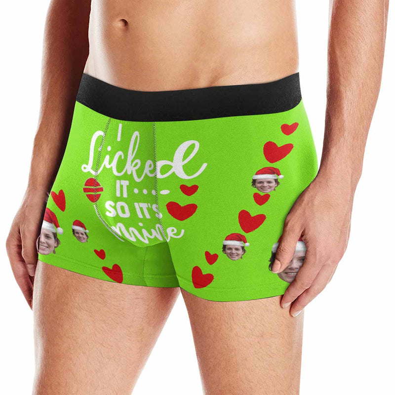 FacePajamas Underwear Face with Santa Hat / Green / XS [Made In USA] Custom Men's Boxer Briefs with Girlfriend Face I Licked It Red Love Personalized Boxers Underwear For Valentine's Day Gift