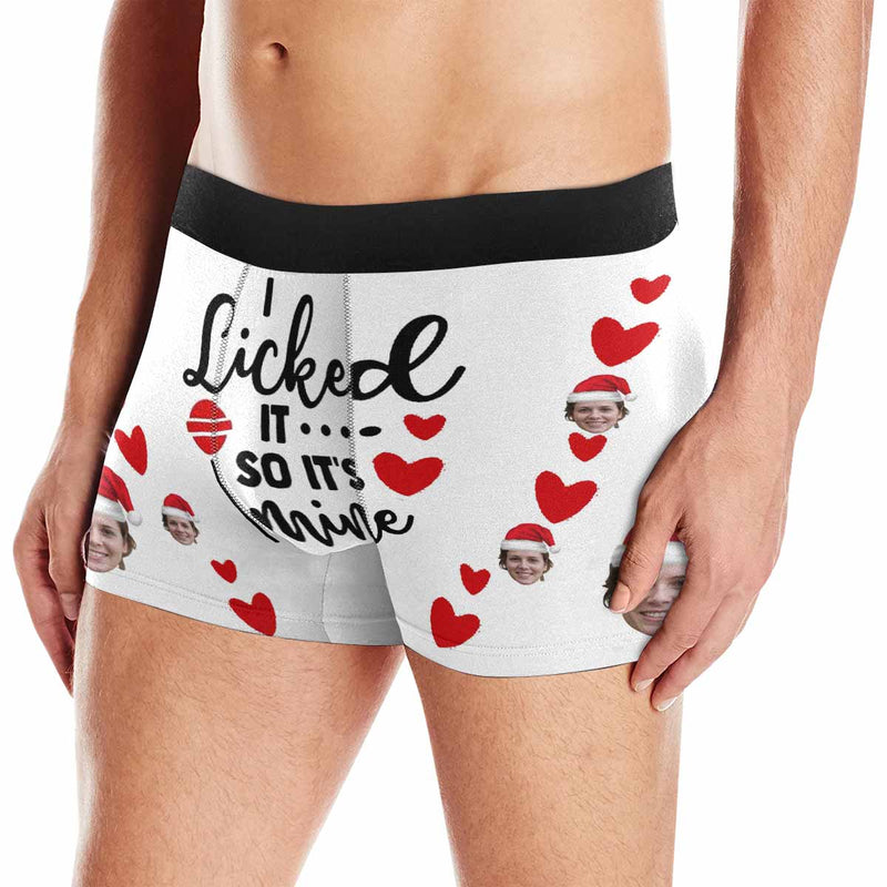 FacePajamas Underwear Face with Santa Hat / White / XS [Made In USA] Custom Men's Boxer Briefs with Girlfriend Face I Licked It Red Love Personalized Boxers Underwear For Valentine's Day Gift