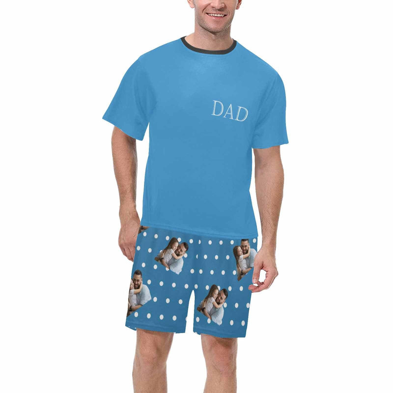 FacePajamas Pajama #Father's Day Pajamas-Custom Dad Photo Blue Men's Crew Neck Short Sleeve Pajama Set