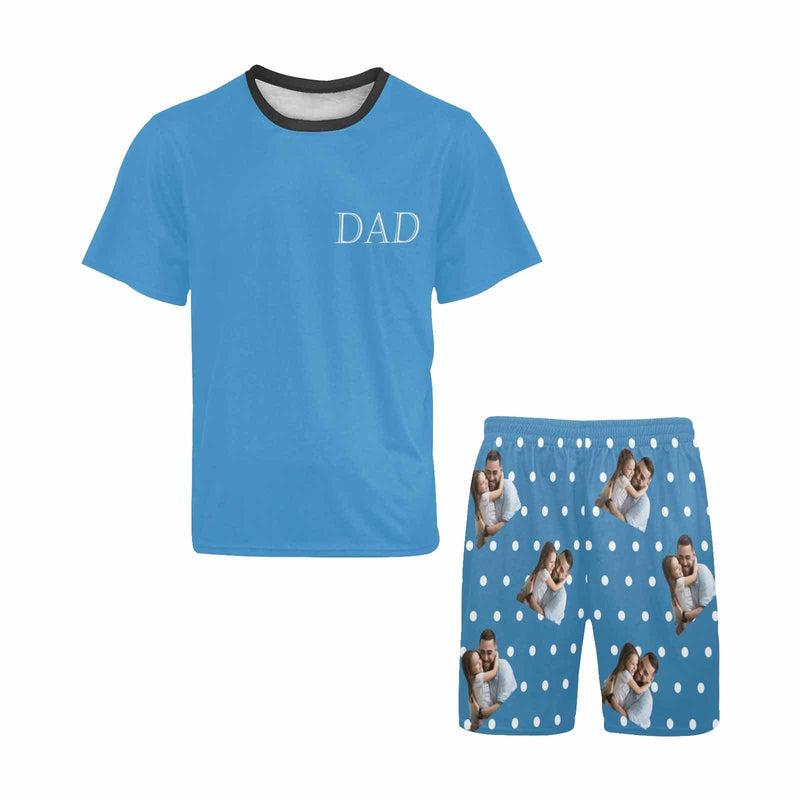 FacePajamas Pajama #Father's Day Pajamas-Custom Dad Photo Blue Men's Crew Neck Short Sleeve Pajama Set