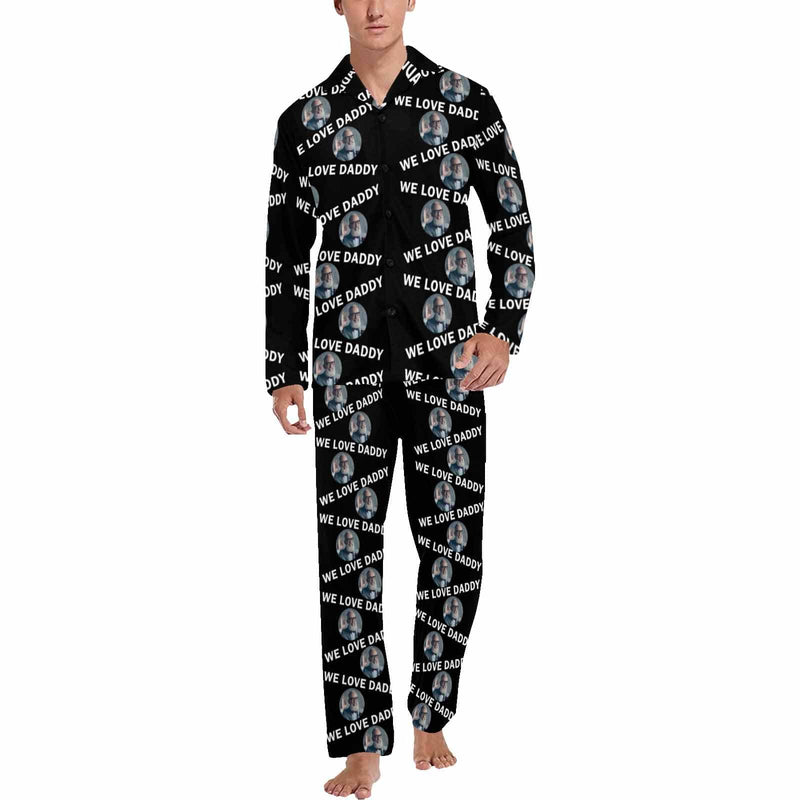 FacePajamas Pajama Father's Day Pajamas for Men-Custom Photo We Love Dad Pajamas Personalized Men's V-Neck Long Sleeve Pajama Set