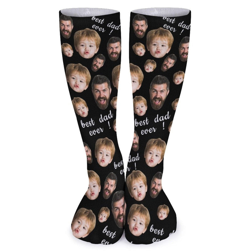 FacePajamas Sublimated Crew Socks-2WH-SDS Fathers Day Socks With Custom Dad Kid Face Black Background Personalized Sublimated Crew Socks Gift For Australian Father's Day