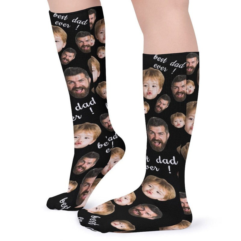 FacePajamas Sublimated Crew Socks-2WH-SDS Fathers Day Socks With Custom Dad Kid Face Black Background Personalized Sublimated Crew Socks Gift For Australian Father's Day