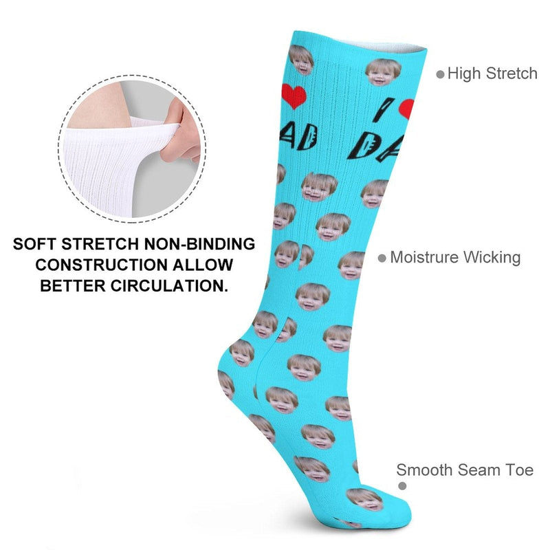 FacePajamas Sublimated Crew Socks-2WH-SDS Fathers Day Socks With Custom Face I Love Dad Blue Background Personalized Sublimated Crew Socks Gift For Australian Father's Day