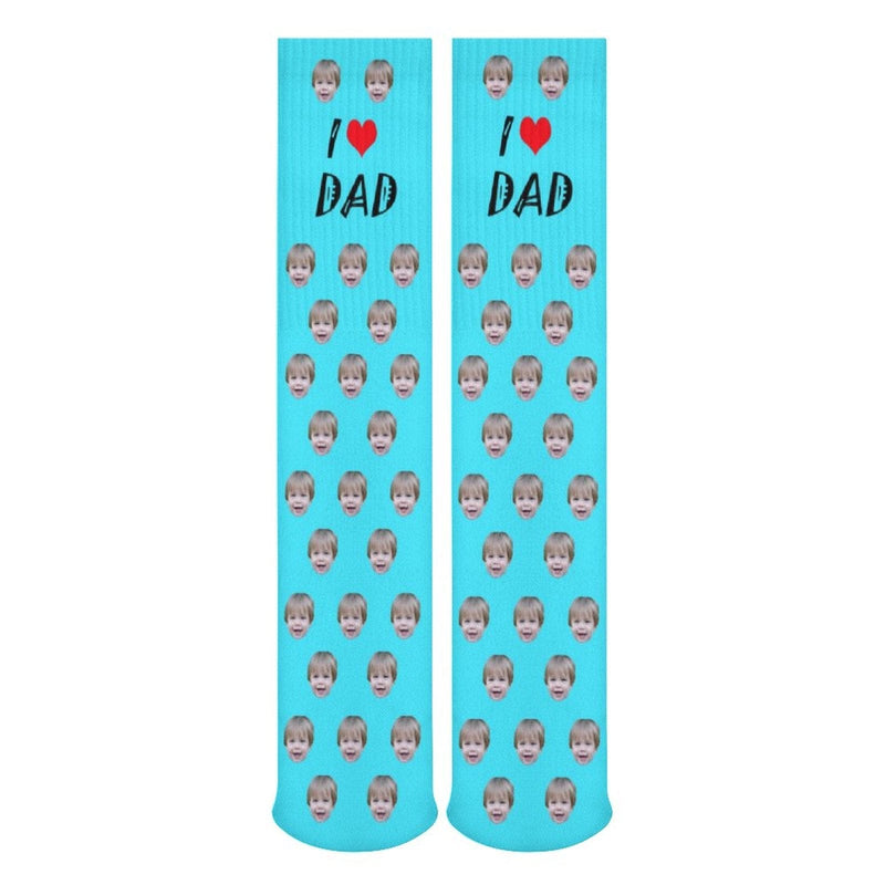 FacePajamas Sublimated Crew Socks-2WH-SDS Fathers Day Socks With Custom Face I Love Dad Blue Background Personalized Sublimated Crew Socks Gift For Australian Father's Day