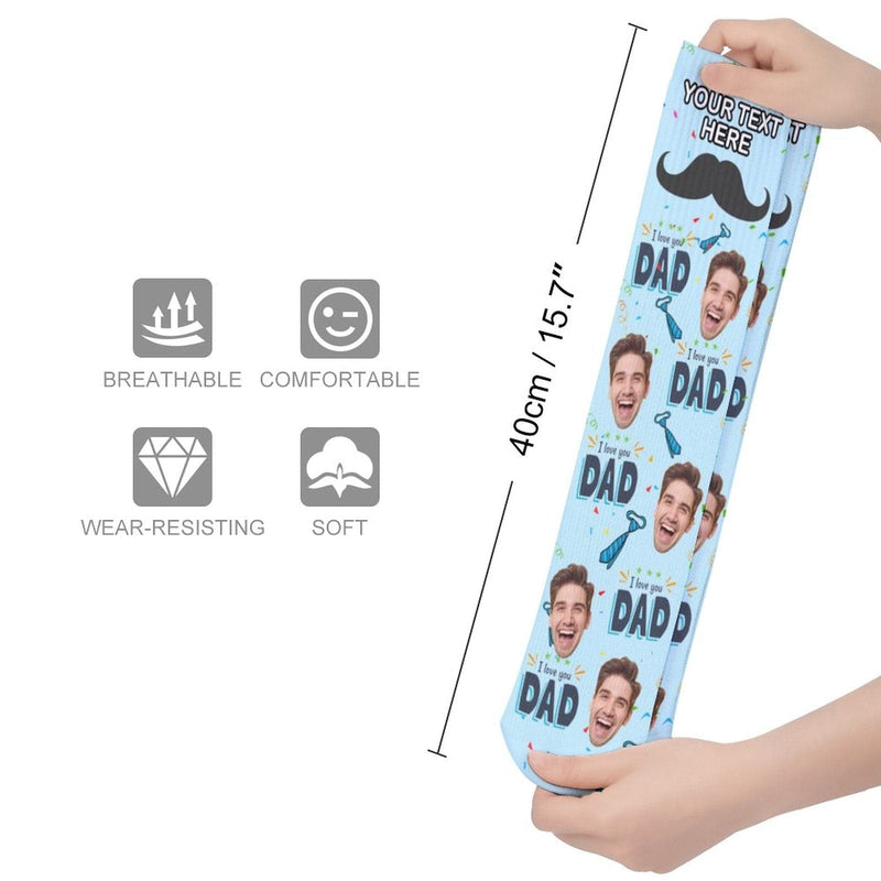 FacePajamas Sublimated Crew Socks-2WH-SDS Fathers Day Socks With Custom Text & Face Beard Blue Background Personalized Sublimated Crew Socks Gift For Australian Father's Day