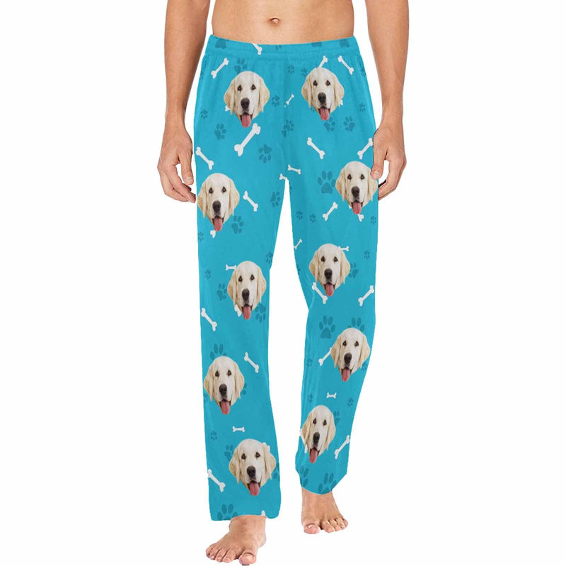 FacePajamas Pajama Shirt&Pants For Men / S Custom Couple Face Dog Bone Paw Print Blue Background Sleepwear Personalized Women's&Men's Slumber Party Long Pajama Pants