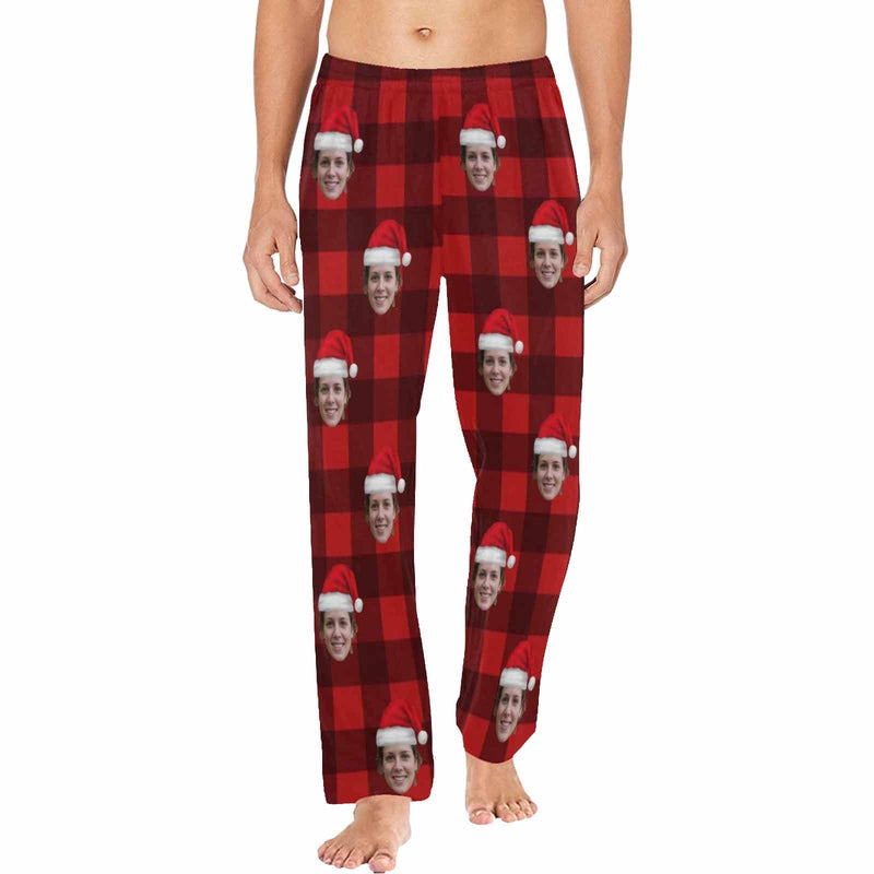 FacePajamas Pajama Shirt&Pants For Men / S Custom Face Red Plaid Christmas Hat Sleepwear Personalized Women's&Men's Slumber Party Long Pajama Pants