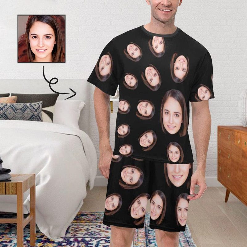 FacePajamas Pajama For Men / S [Special Sale] Custom Black Pajamas Boyfriend Face Sleepwear Personalized Women's Short Crew Neck Pajama Set