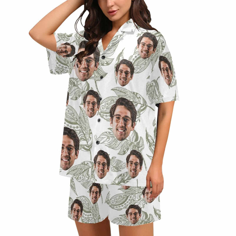 FacePajamas Pajama For Women / S Personalized Couples Pajamas Summer Leaf Loungewear Custom Face Couple Matching V-Neck Short Pajama Set