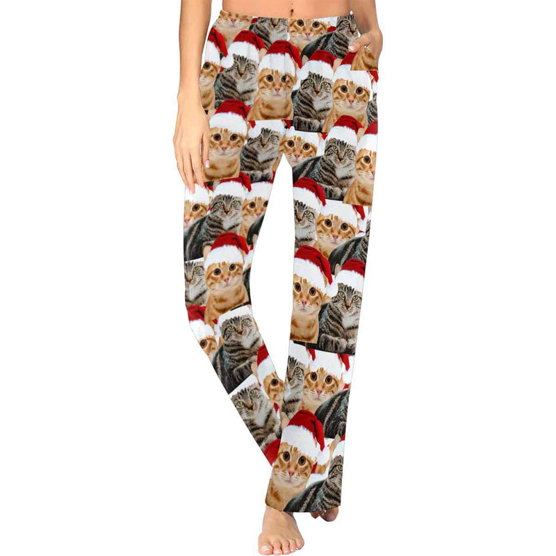 FacePajamas Pajama Shirt&Pants For Women / XS Custom Face Pet Cat Christmas Red Hat Sleepwear Personalized Women's&Men's Slumber Party Long Pajama Pants