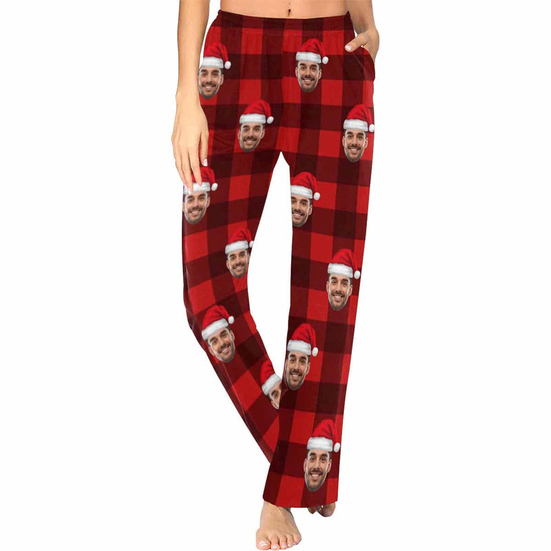 FacePajamas Pajama Shirt&Pants For Women / XS Custom Face Red Plaid Christmas Hat Sleepwear Personalized Women's&Men's Slumber Party Long Pajama Pants