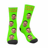 FacePajamas Sublimated Crew Socks Green Face on Socks Custom Name Printed Photo Socks Personalized Hello Boyfriend Sublimated Crew Socks