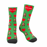 FacePajamas Sublimated Crew Socks Green Happy Mother's Day | Custom Face&Name Red Heart Socks Personalized Cute Girlfriend Sublimated Crew Socks for Mom
