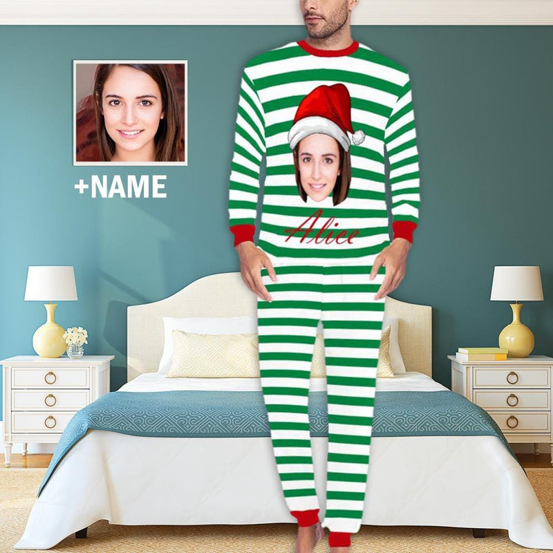 FacePajamas Pajama Green / S Custom Face & Name Red White Stripes Christmas Sleepwear Personalized Men's Slumber Party All Over Print Pajama Set