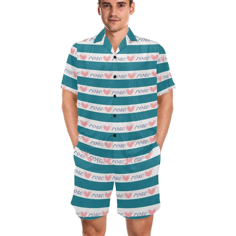 FacePajamas Pajama Green / S Custom Name Love Seamless Pajamas for Him Summer Loungewear Personalized Men's V-Neck Short Sleeve Pajama Set