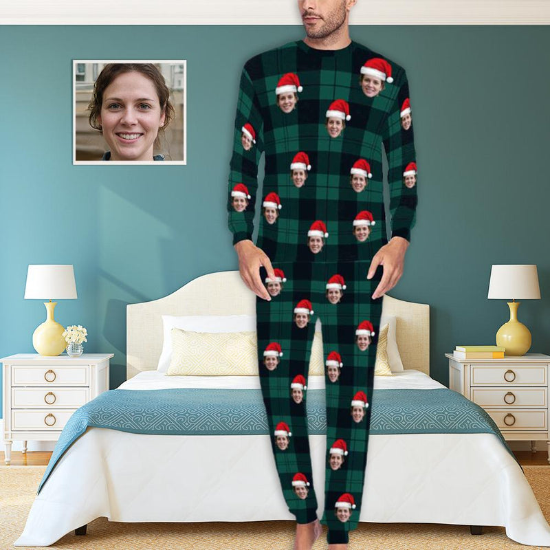 FacePajamas Pajama Green / S Personalized Christmas Pajamas Custom Face Black Grey Stripes Men's All Over Print Pajama Set