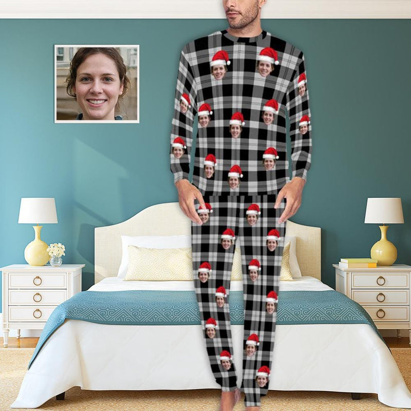 FacePajamas Pajama Grey / S Personalized Christmas Pajamas Custom Face Black Grey Stripes Men's All Over Print Pajama Set