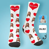 FacePajamas Sublimated Crew Socks Happy Mother's Day | Custom Face&Name Red Heart Socks Personalized Cute Girlfriend Sublimated Crew Socks for Mom