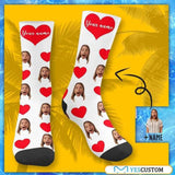 FacePajamas Sublimated Crew Socks Happy Mother's Day | Custom Face&Name Red Heart Socks Personalized Cute Girlfriend Sublimated Crew Socks for Mom