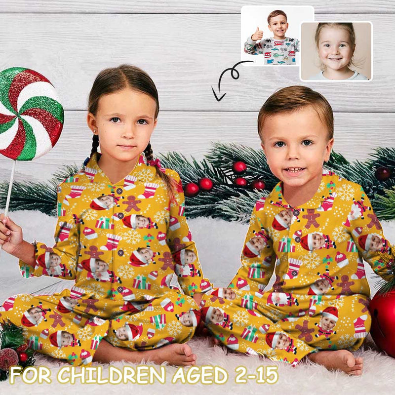 FacePajamas Kids Pajama Kid's Pajamas Yellow Custom Sleepwear with Face Personalized Christmas Pajama Set For Boys&Girls 2-15Y