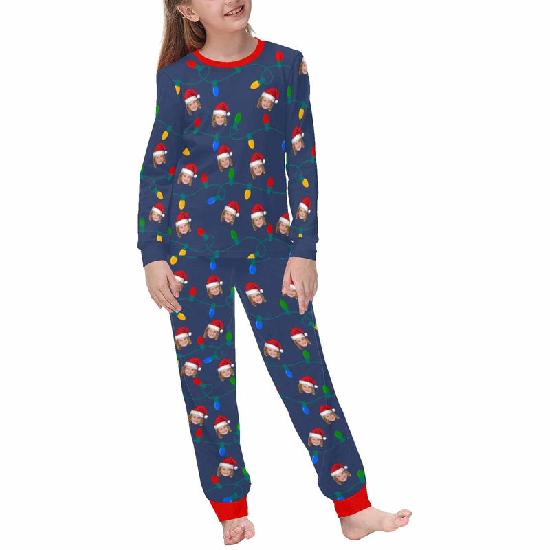 FacePajamas Pajama Kids/6-7Y(XS) Custom Face Christmas Hat LED Lights Sleepwear Personalized Family Slumber Party Matching Long Sleeve Pajamas Set