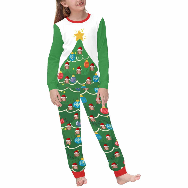 FacePajamas Pajama Kids/6-7Y(XS) Custom Face Green Christmas Tree Sleepwear Personalized Family Matching Long Sleeve Pajamas Set