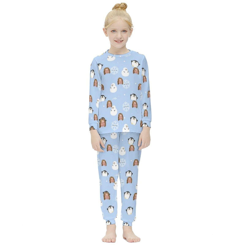 FacePajamas Pajama Kids Long Sleeve Pajama Set Custom Face Snowmen Snowflakes Sleep Pjs 2 Piece Nightwear