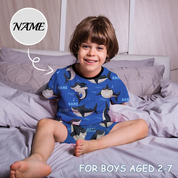 FacePajamas Pajama Little Boy Pajamas Custom Baby Name Pjs Deep Sea Shark Little Kids' Short Sleeve Pajama Set For Boys 2-7Y