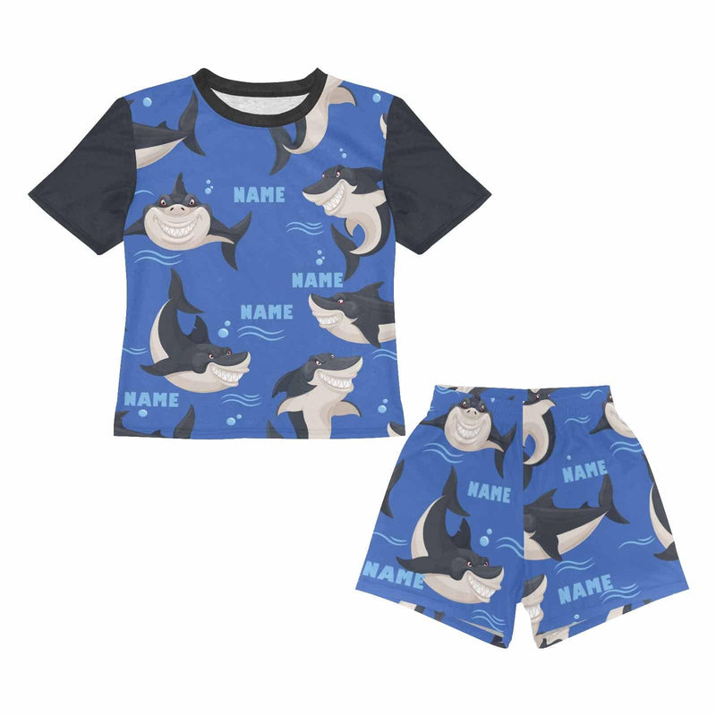 FacePajamas Pajama Little Boy Pajamas Custom Baby Name Pjs Deep Sea Shark Little Kids' Short Sleeve Pajama Set For Boys 2-7Y
