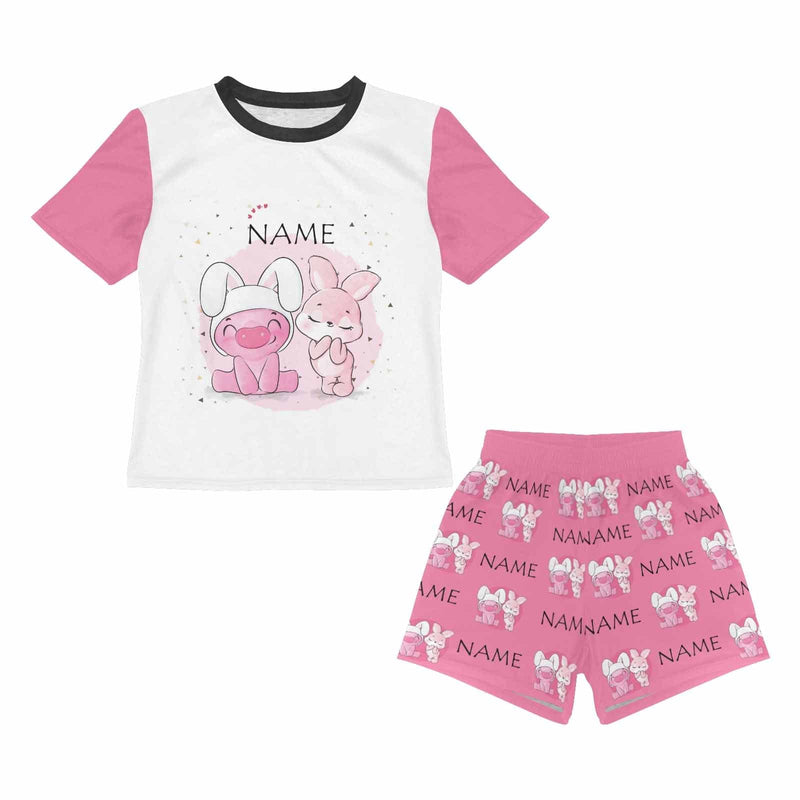FacePajamas Pajama Little Kids Pajamas Custom Name Rabbit Pink Personalized Short Sleeve Pajama Set For Girls 2-7Y